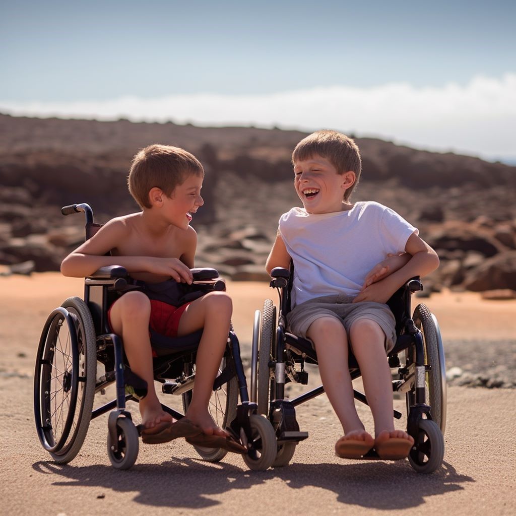 Two young boys are sitting in wheelchairs on the beach