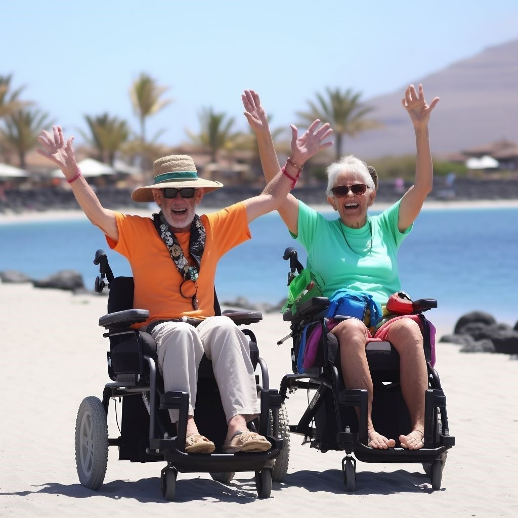 A man and a woman in wheelchairs with their arms in the air