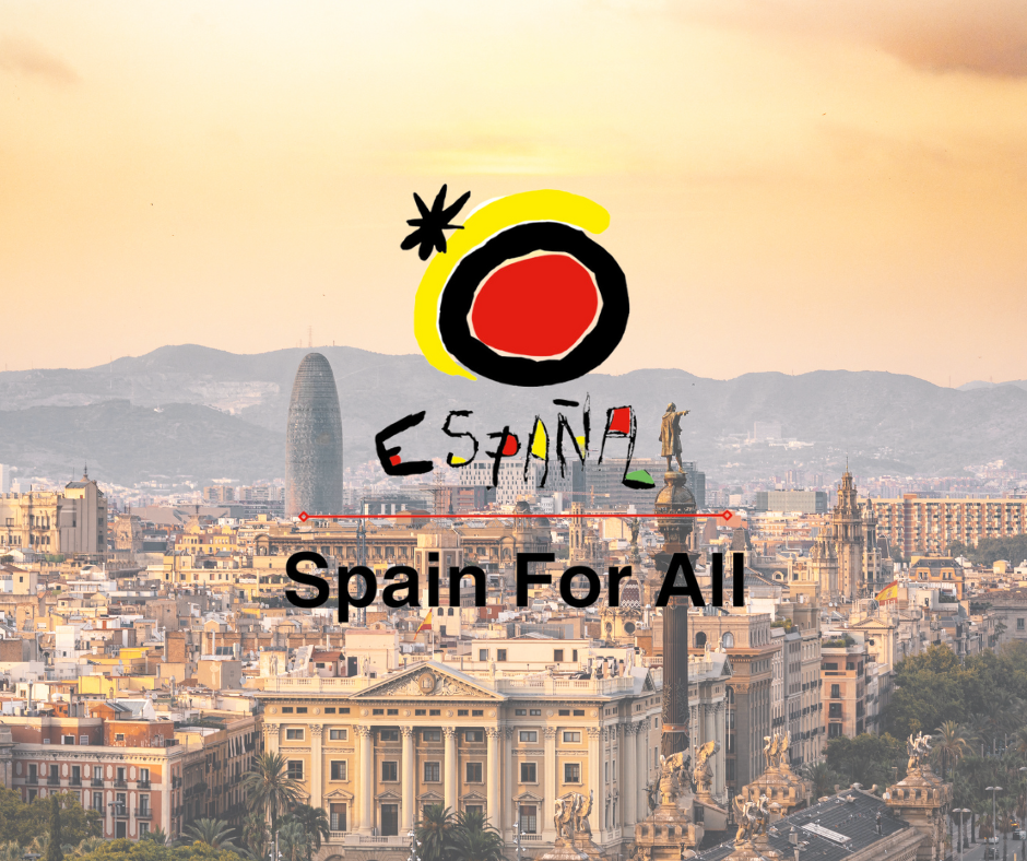 An advertisement for spain for all with a city in the background