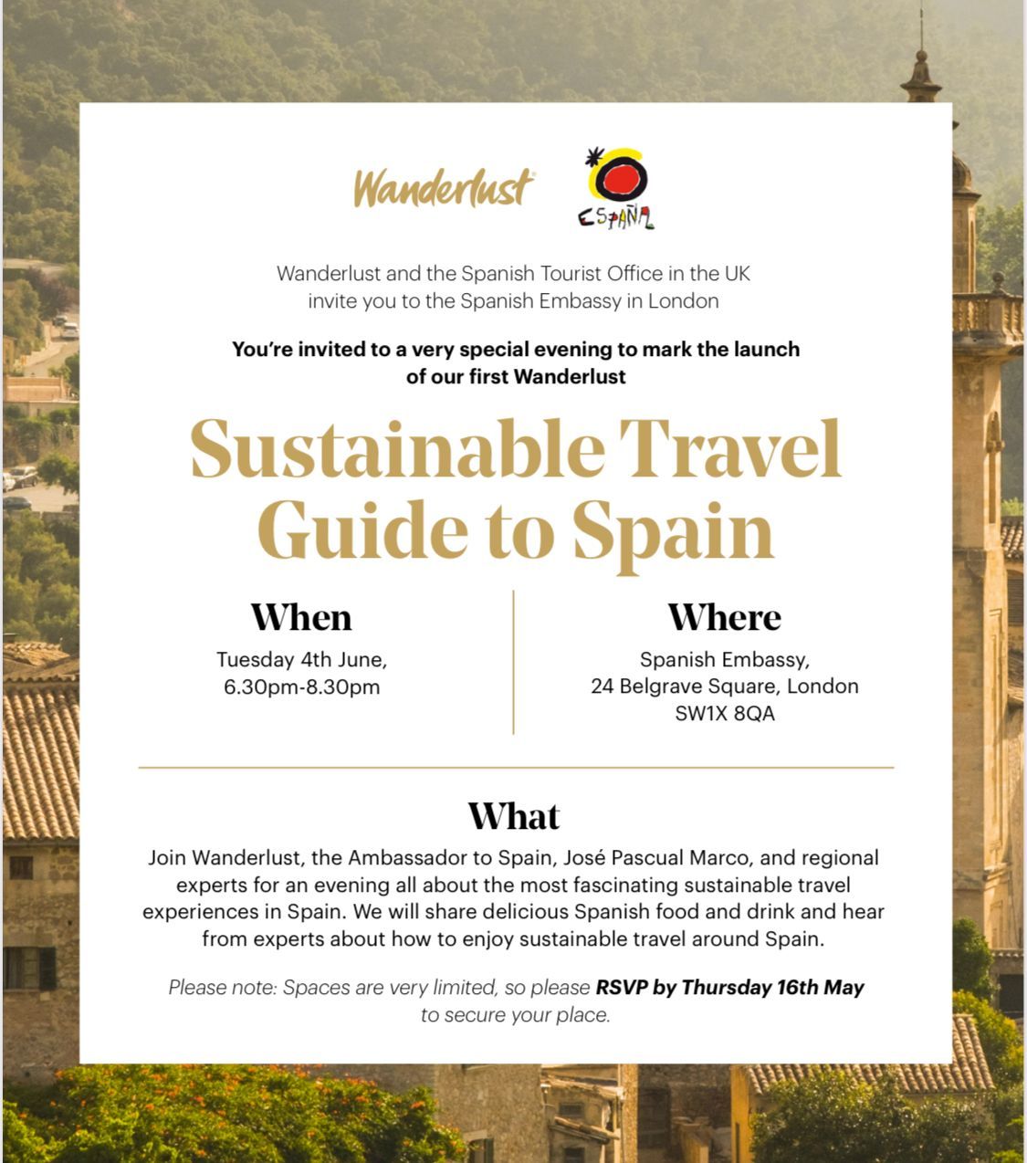 An advertisement for a sustainable travel guide to spain