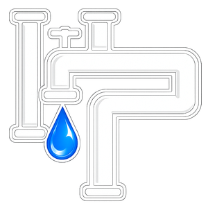 Stylized white plumbing pipes with a blue water droplet icon
