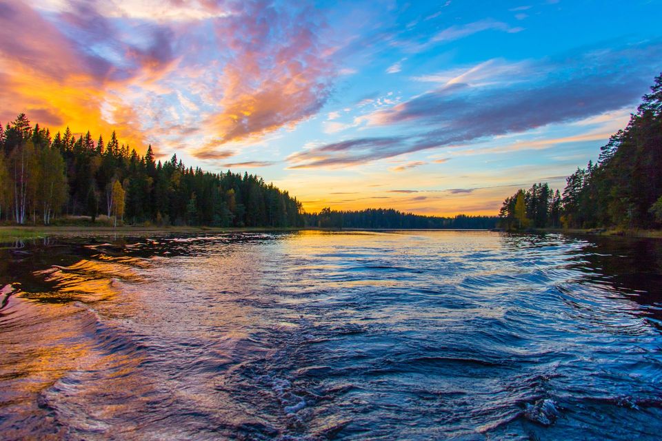 Sunset over a river with rippling water, pine trees lining the banks, and a colorful sky
