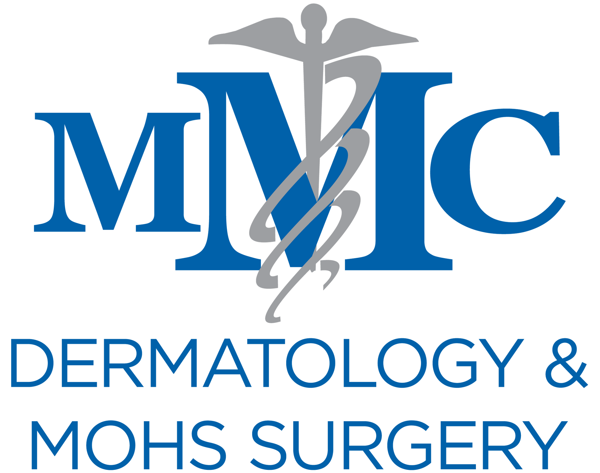 A logo for mmc dermatology with a caduceus on it