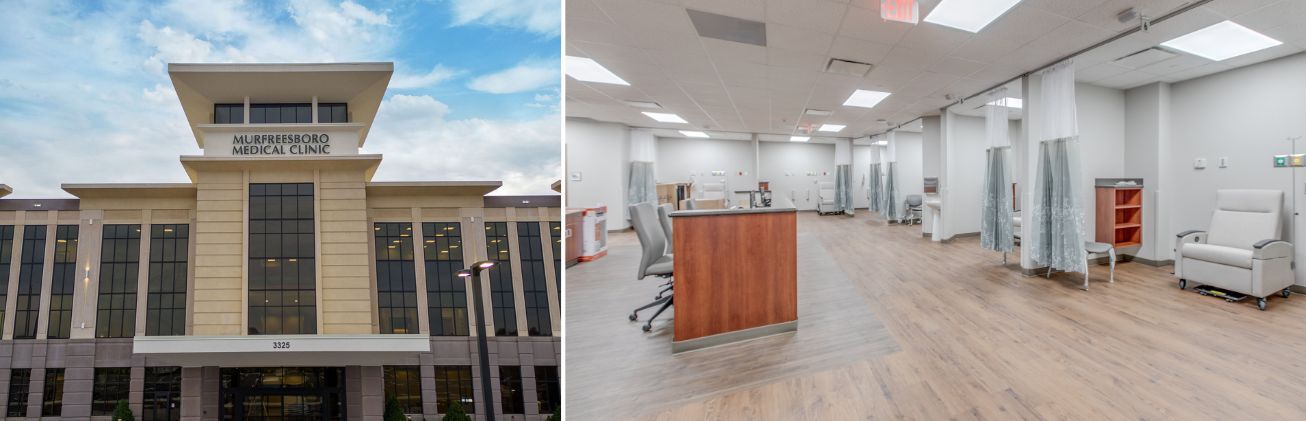 A picture of a building and a picture of a hospital room.