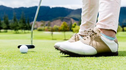 A person is putting a golf ball on a golf course.