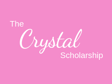 A pink background with white text that says the crystal scholarship