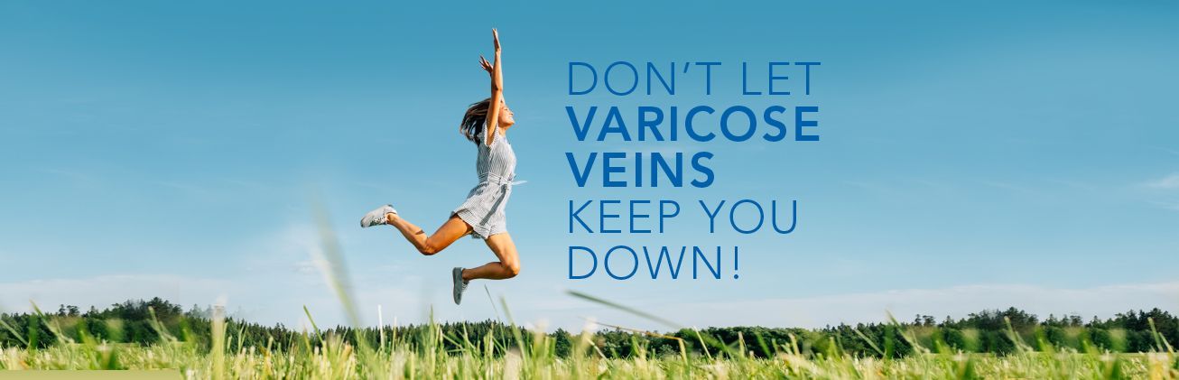 A woman is jumping in the air in a field with a quote about varicose veins.
