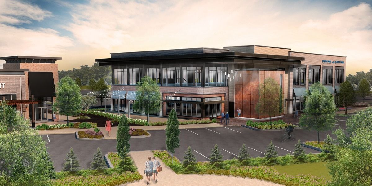 An artist 's impression of a large building with a lot of windows surrounded by trees.