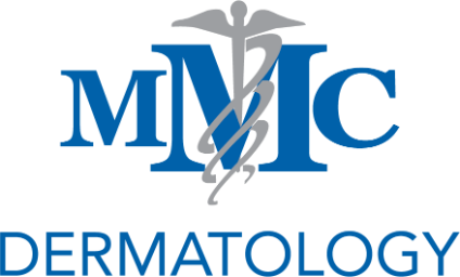 A logo for mmc dermatology with a caduceus on it