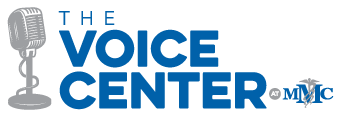 A logo for the voice center with a microphone in the background