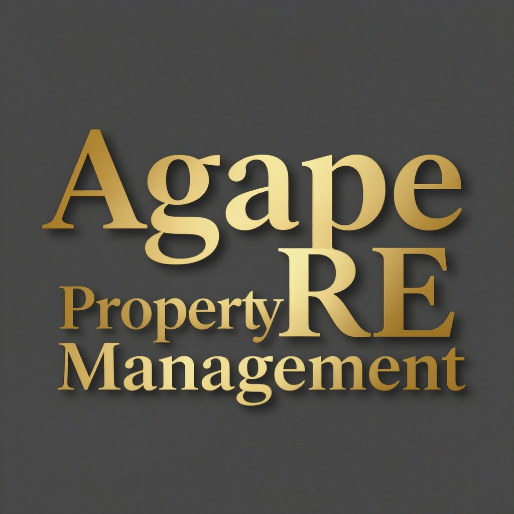 Gold “Agape Property Management RE” logo on a dark gray background.