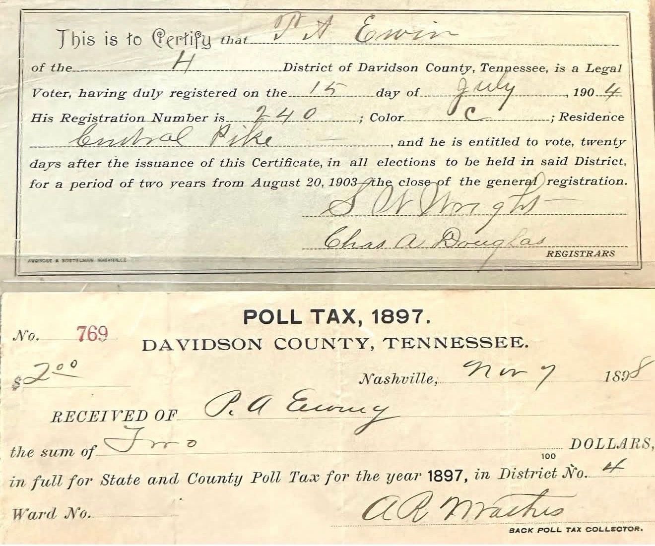 1897 poll tax receipt in the amount of $2, signed by P. A. Ewing.