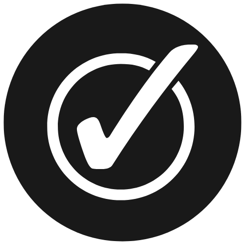 White check mark inside a white outlined circle on a black circular background.