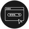 White icon of a web browser window containing a search bar and a cursor, centered on a solid black circle.