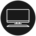 A white line icon of a computer monitor on a stand with a keyboard in front, centered on a black circular background.