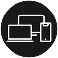 A white line icon on a black circle showing a laptop and a smartphone connected by a network line.