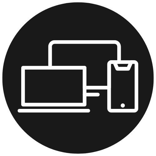 A white line icon on a black circle showing a laptop and a smartphone connected by a network line.
