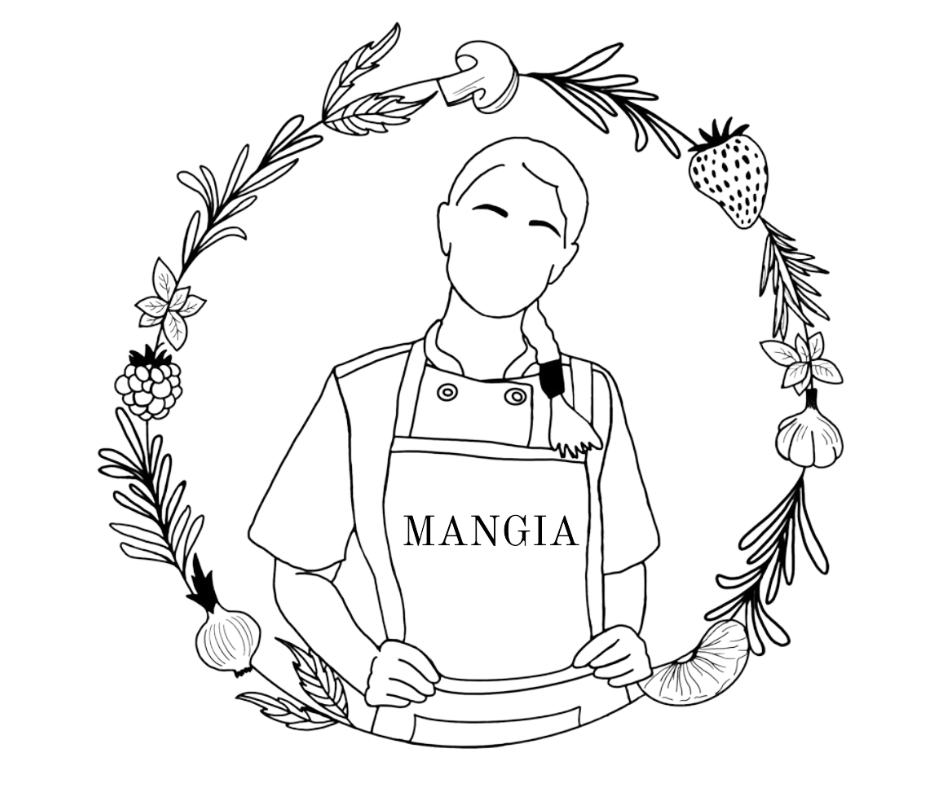 A black and white drawing of a woman in an apron holding a menu.