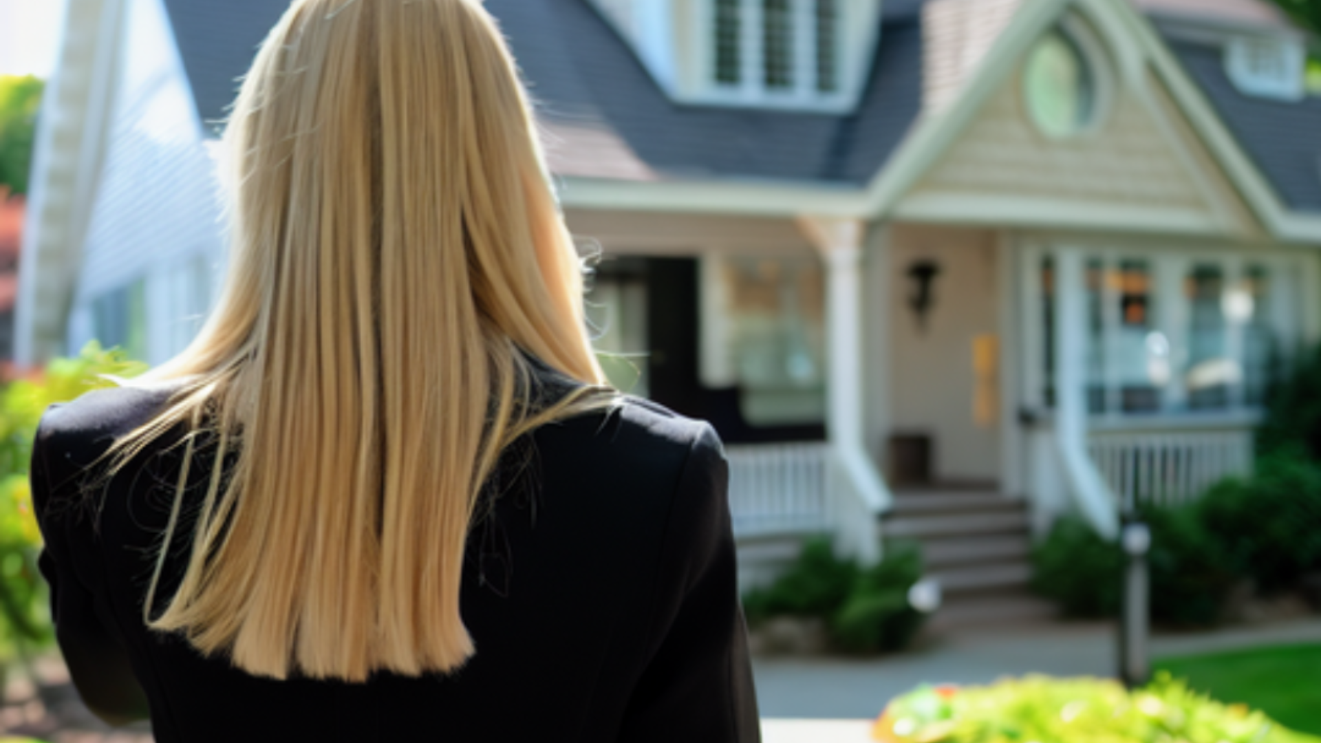 Woman with blonde hair in a black blazer stands in front of a house with a white porch and steps.