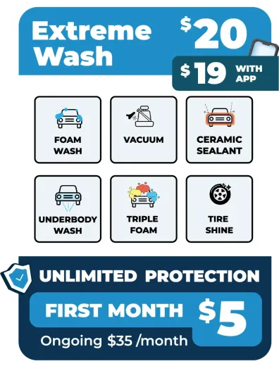Promotional sign for an Extreme Wash costing $20 ($19 with app), plus a $5 first month offer for unlimited protection.