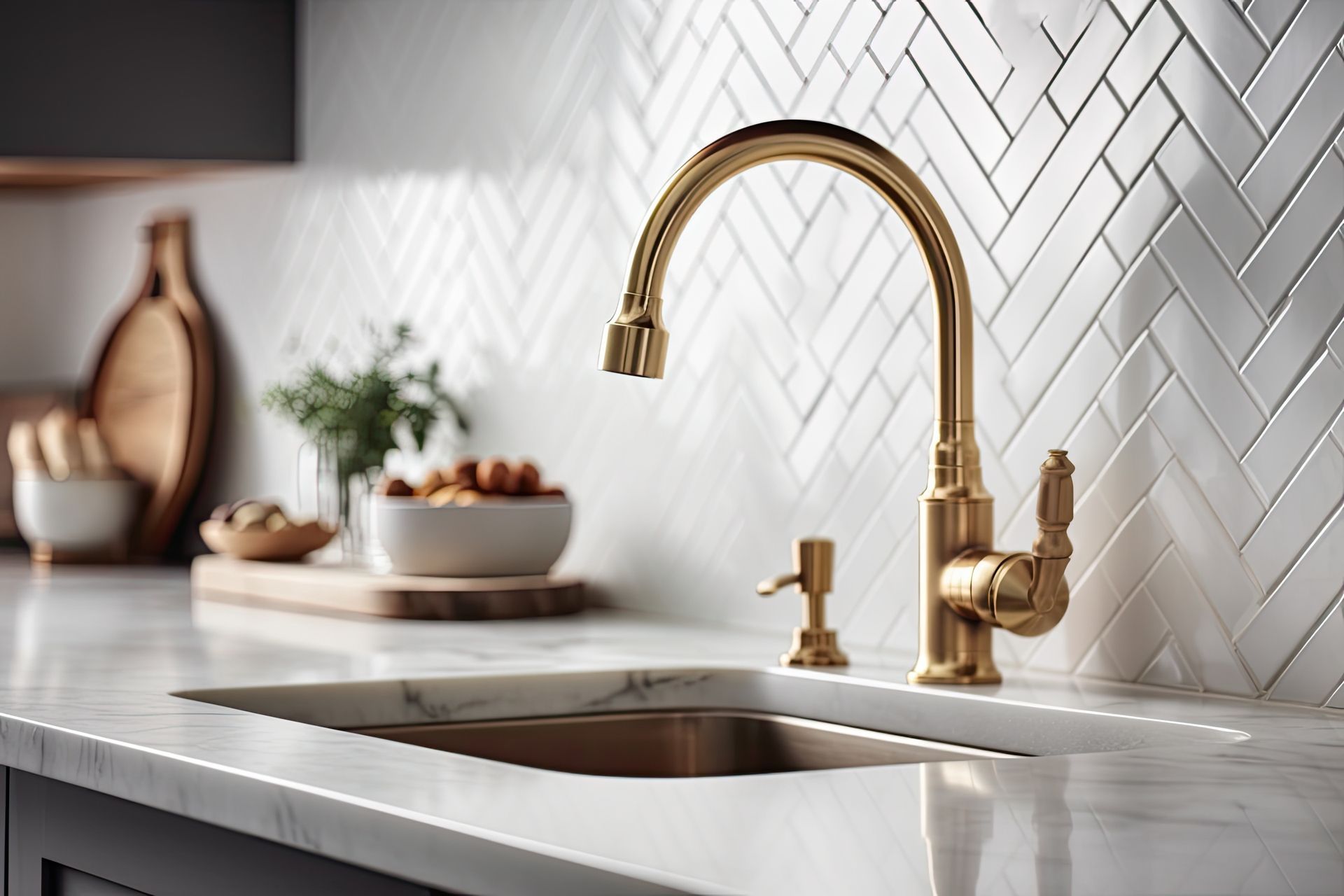 Modern kitchen sink with gold faucet, white chevron backsplash, and wooden cutting boards.