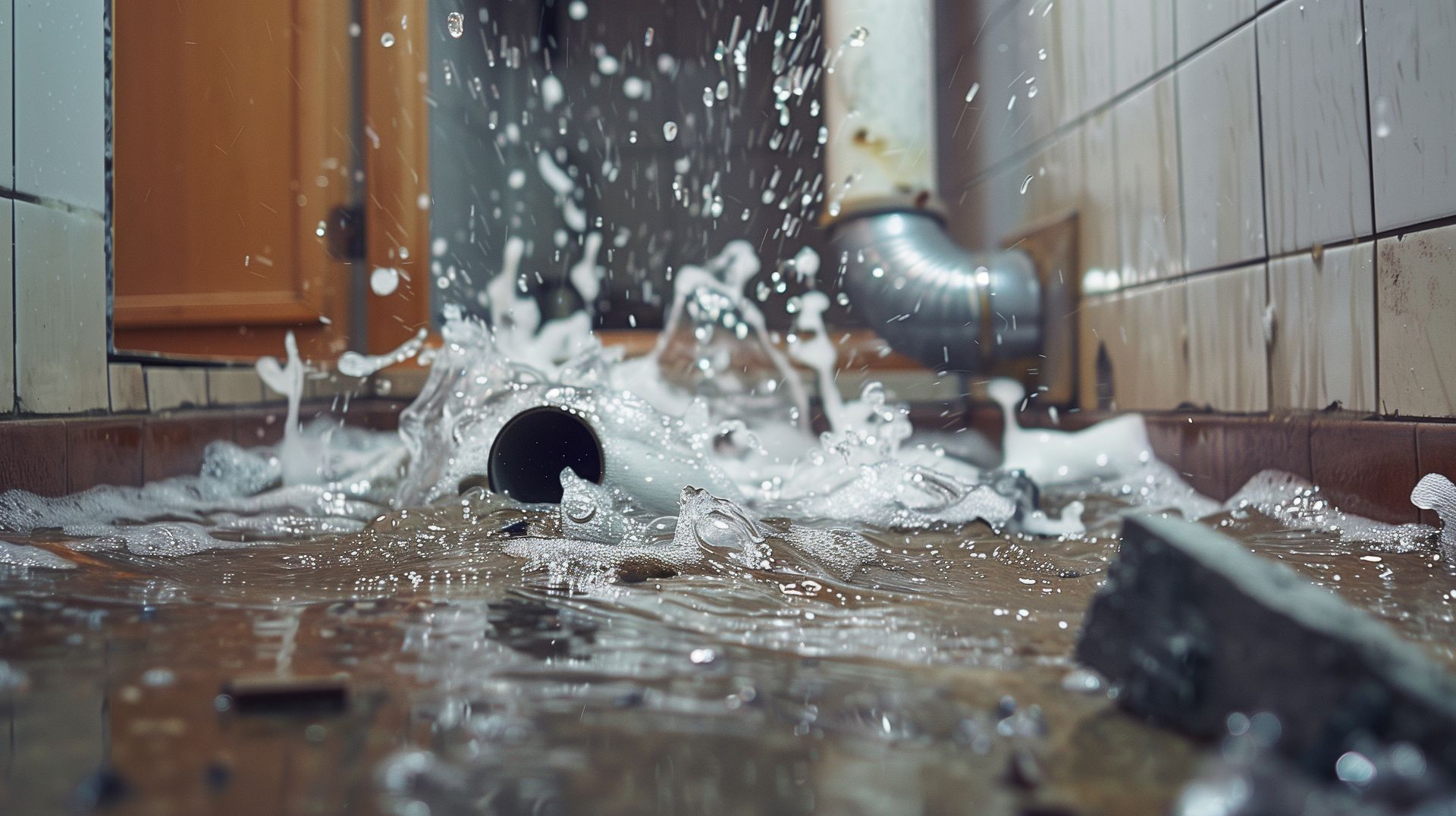 Water forcefully sprays from a broken pipe onto a tiled floor, creating splashes and a puddle in a dark utility space.