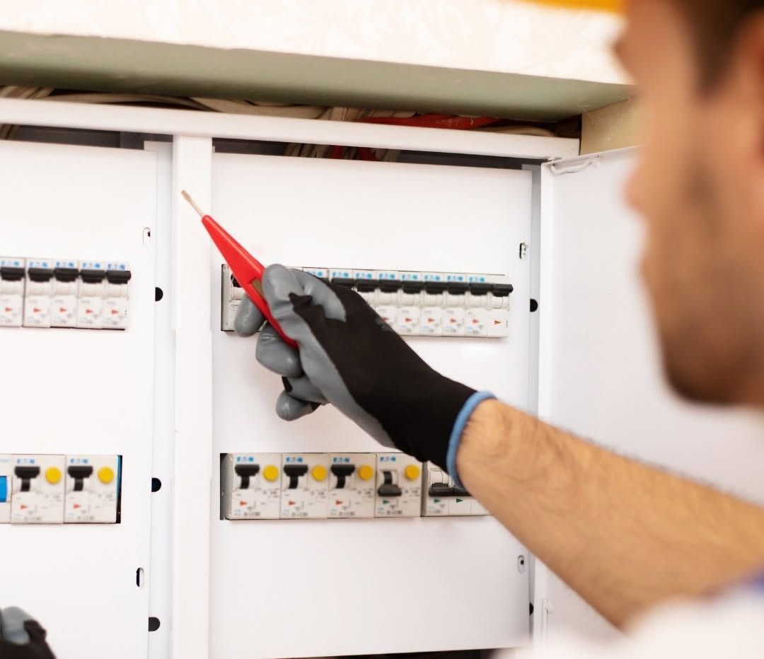 Electrician testing a circuit breaker panel with a red probe in a white electrical box.