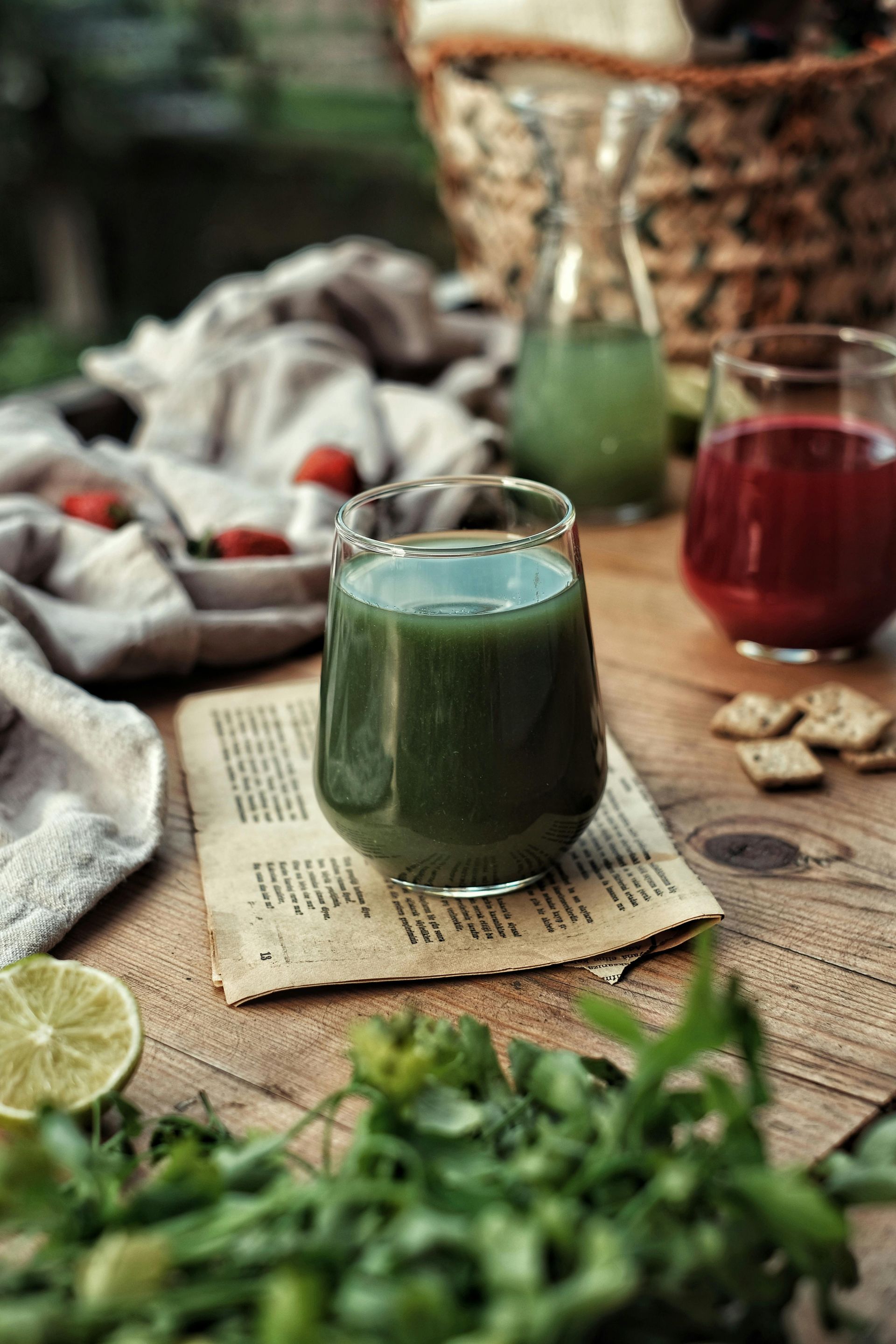 A glass of green juice is sitting on a wooden table.