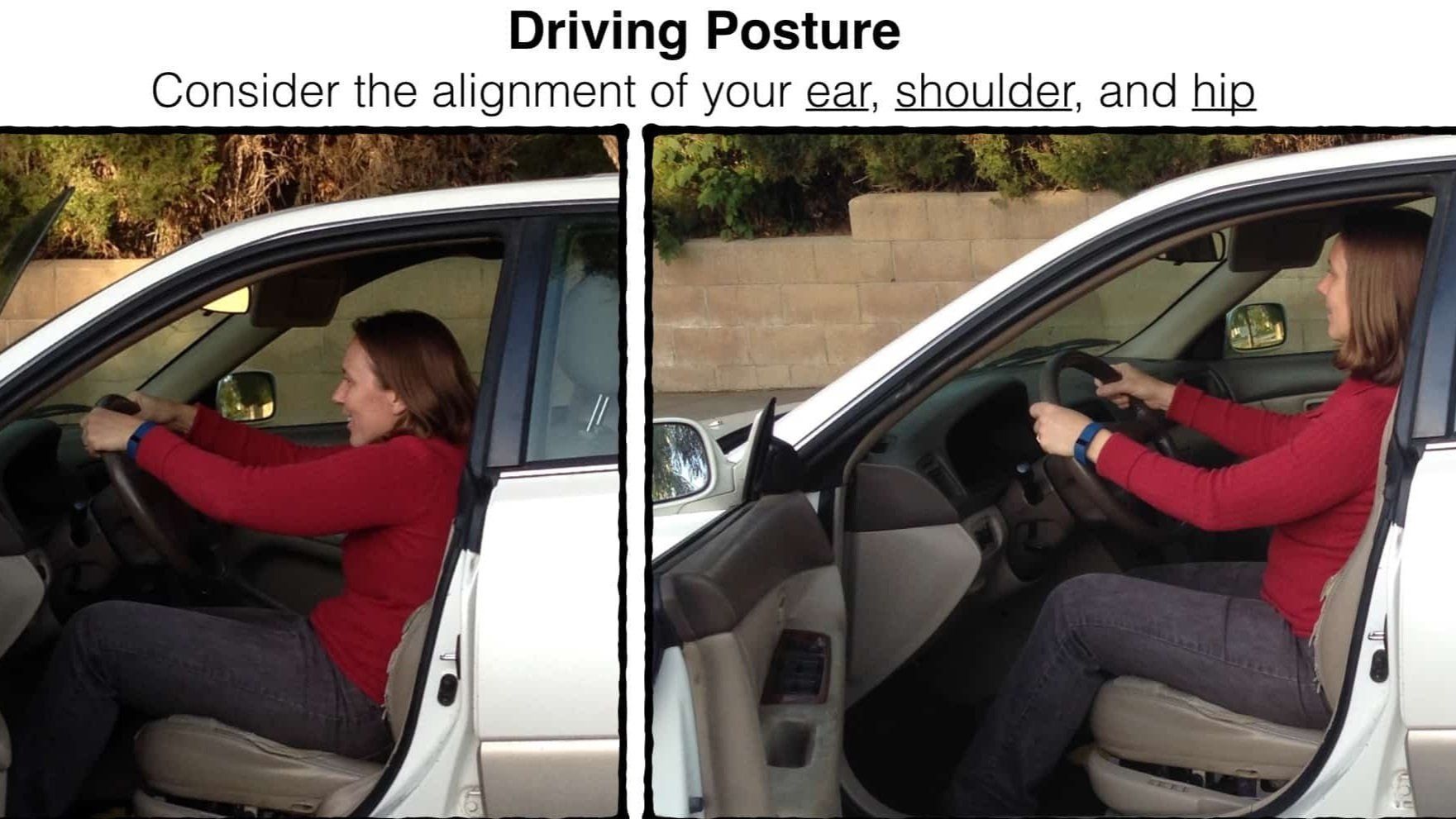 A woman is sitting in a car and holding a steering wheel.
