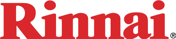 Red Rinnai logo with a small orange dot over the i Red Rinnai logo with a small orange dot over the i