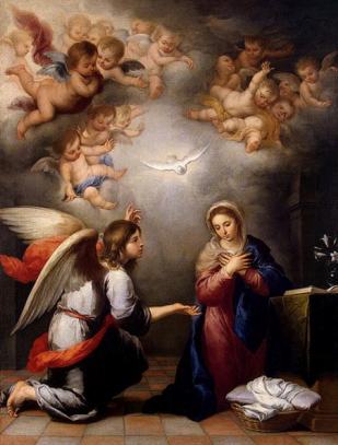 Angel kneels before Mary as the Holy Spirit descends in a radiant dove amid cherubs.