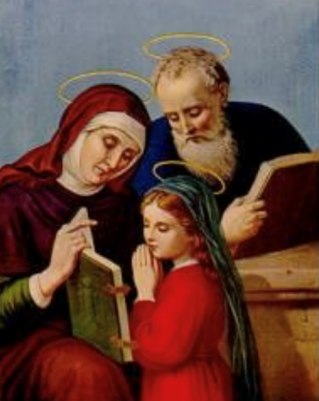 Three haloed figures in red and blue robes reading together against a blue background