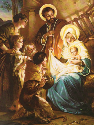 Nativity scene with Mary, Joseph, and baby Jesus surrounded by worshippers in warm golden light