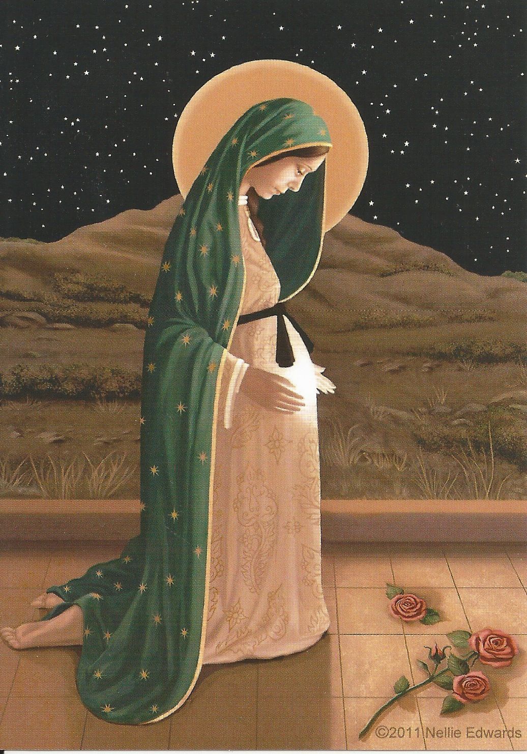 Saint in a green cloak with a halo stands in prayer against a starry night sky.