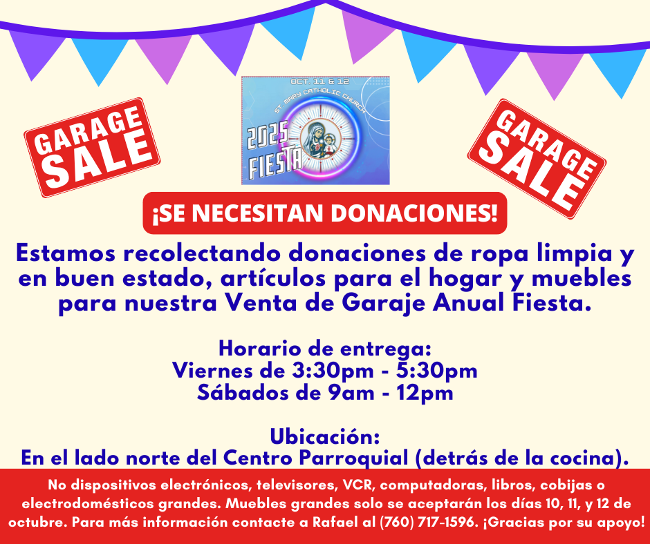 Garage sale flyer in Spanish asking for donations, with red sale signs and event details on a white background