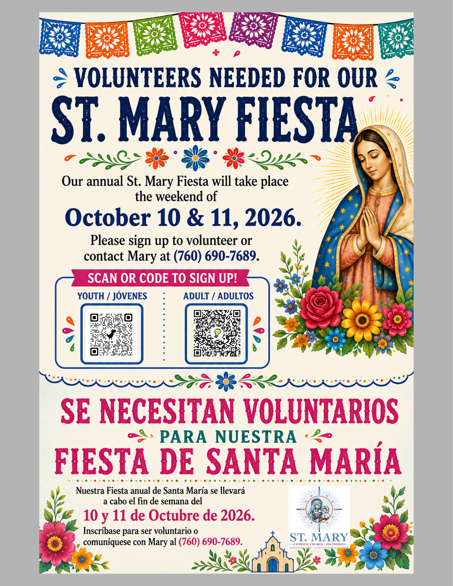 Volunteers needed poster with English and Spanish text, festival logo, hands, QR code, and contact info.