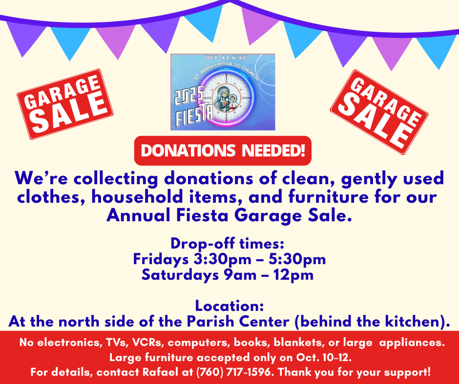 Purple-and-blue garage sale flyer announcing donations needed for Annua Fiesta de Sabor fundraiser