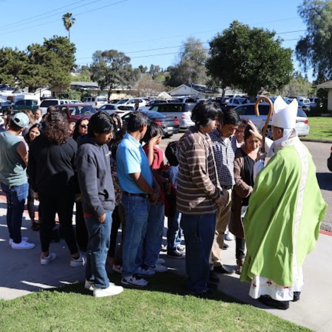 Crowd gathered outdoors near a person in a white hat and green cape on a sunny day