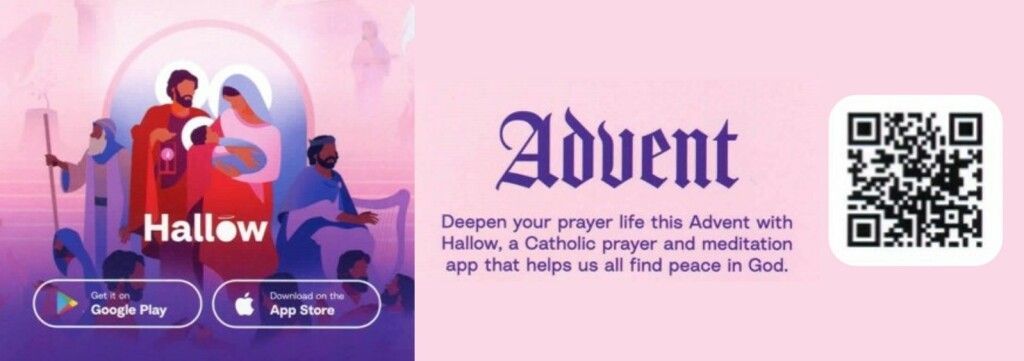Advent banner with a worship scene, Bible verse text, and a QR code on a pink-purple background