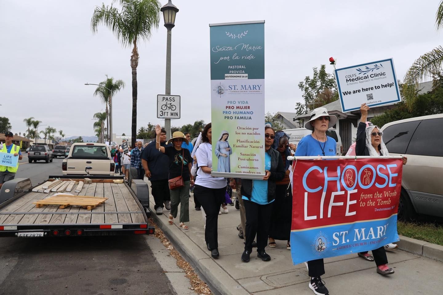 People holding pro-life signs and banners on a sidewalk beside a street during a protest.