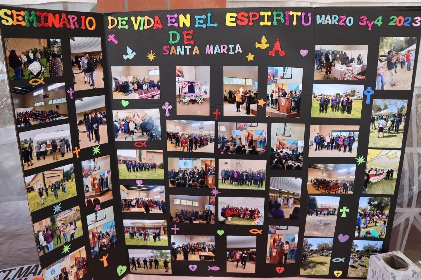 Poster collage for “Seminario de Vida en el Espíritu” with many event photos on a black background