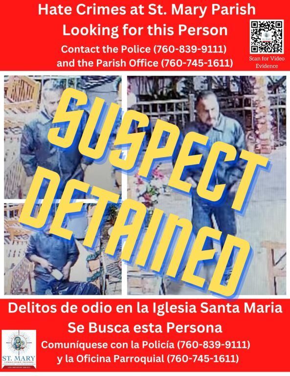 Police notice for St. Mary Parish hate crimes investigation, with “Suspect Detained” over crowd scene.