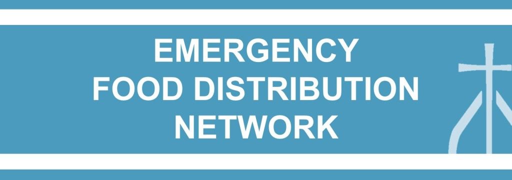 Blue banner reading “EMERGENCY FOOD DISTRIBUTION NETWORK” with a white cross icon.