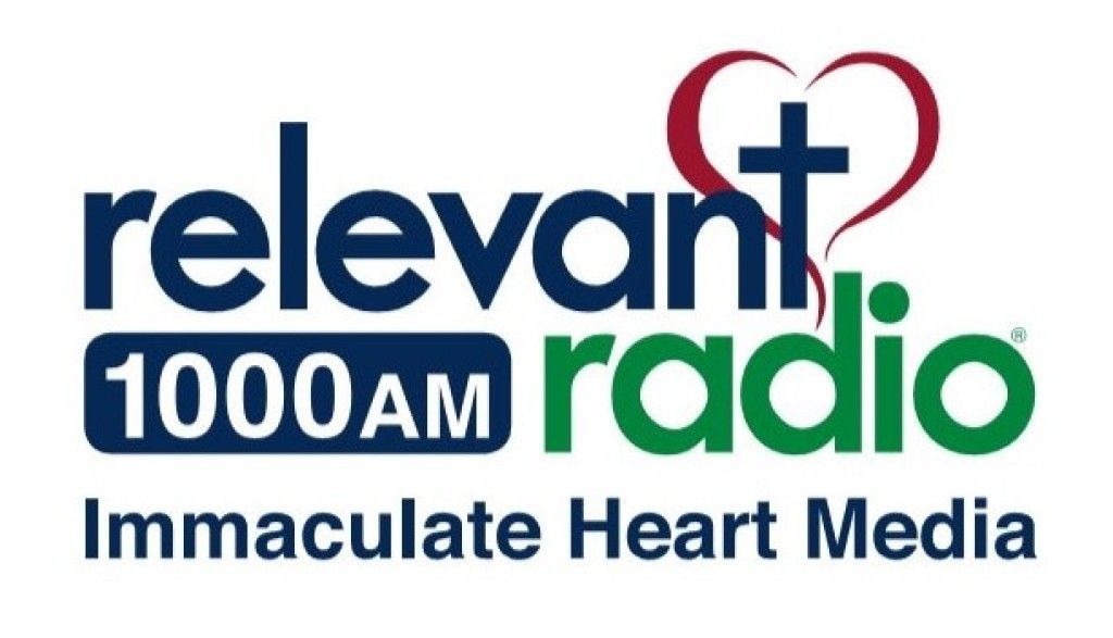 Relevant Radio 1000 AM logo with blue and green text, red heart cross, and “Immaculate Heart Media” tagline