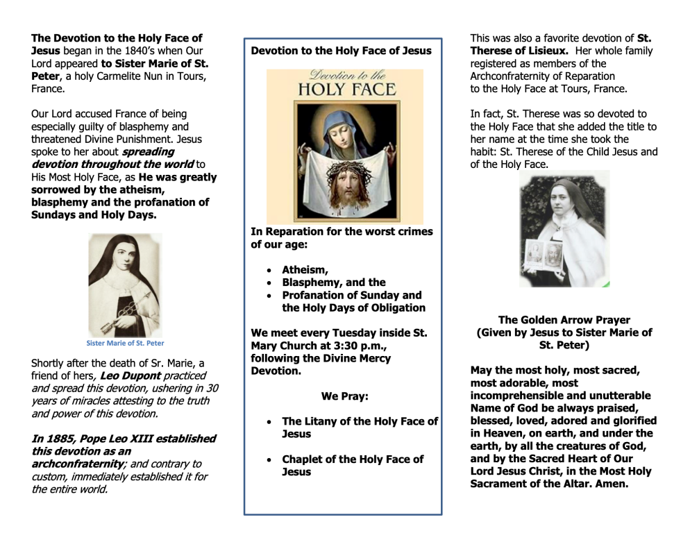 Three-panel church pamphlet with “Holy Face of Jesus” title, prayer text, and a small religious image