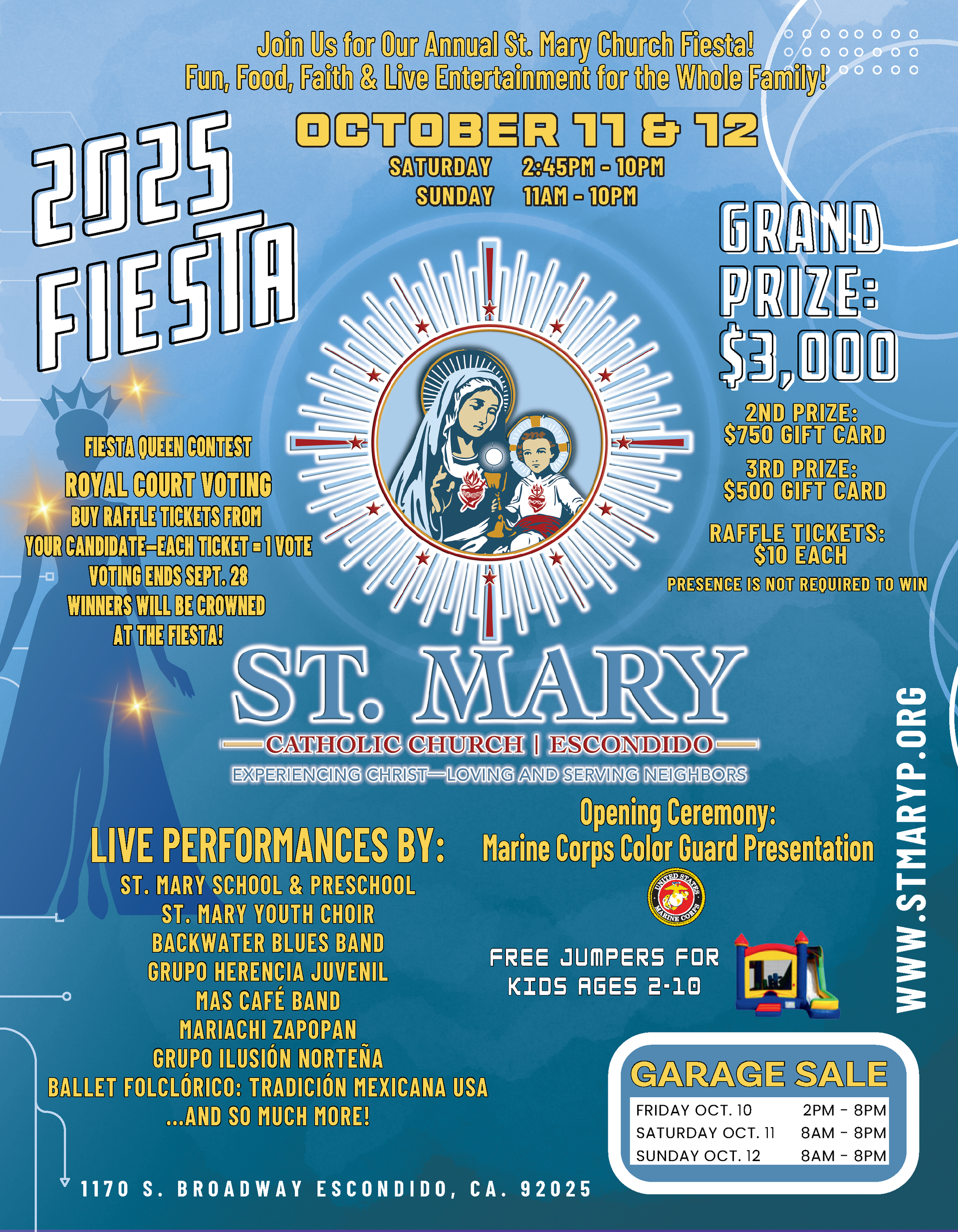 2025 St. Mary Fiesta poster with blue background, dates, music, games, and raffle details