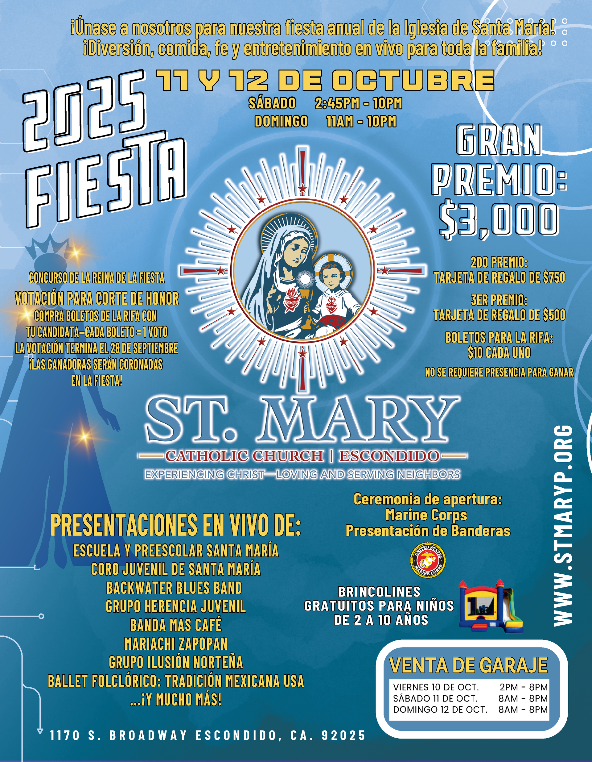 Blue poster for 2025 Fiesta de Santa María, Oct. 17–19, with prize money and event details.