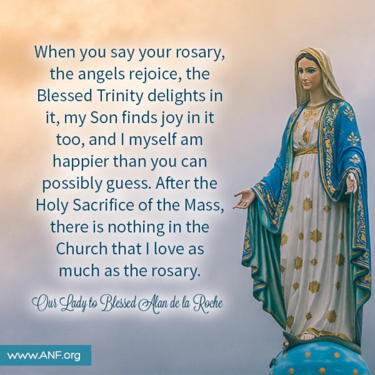 Mary statue with prayer quote on blue background and ANF.org footer
