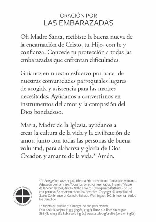 Spanish prayer poster titled “Oración por las embarazadas,” with a Marian prayer in black text on white background