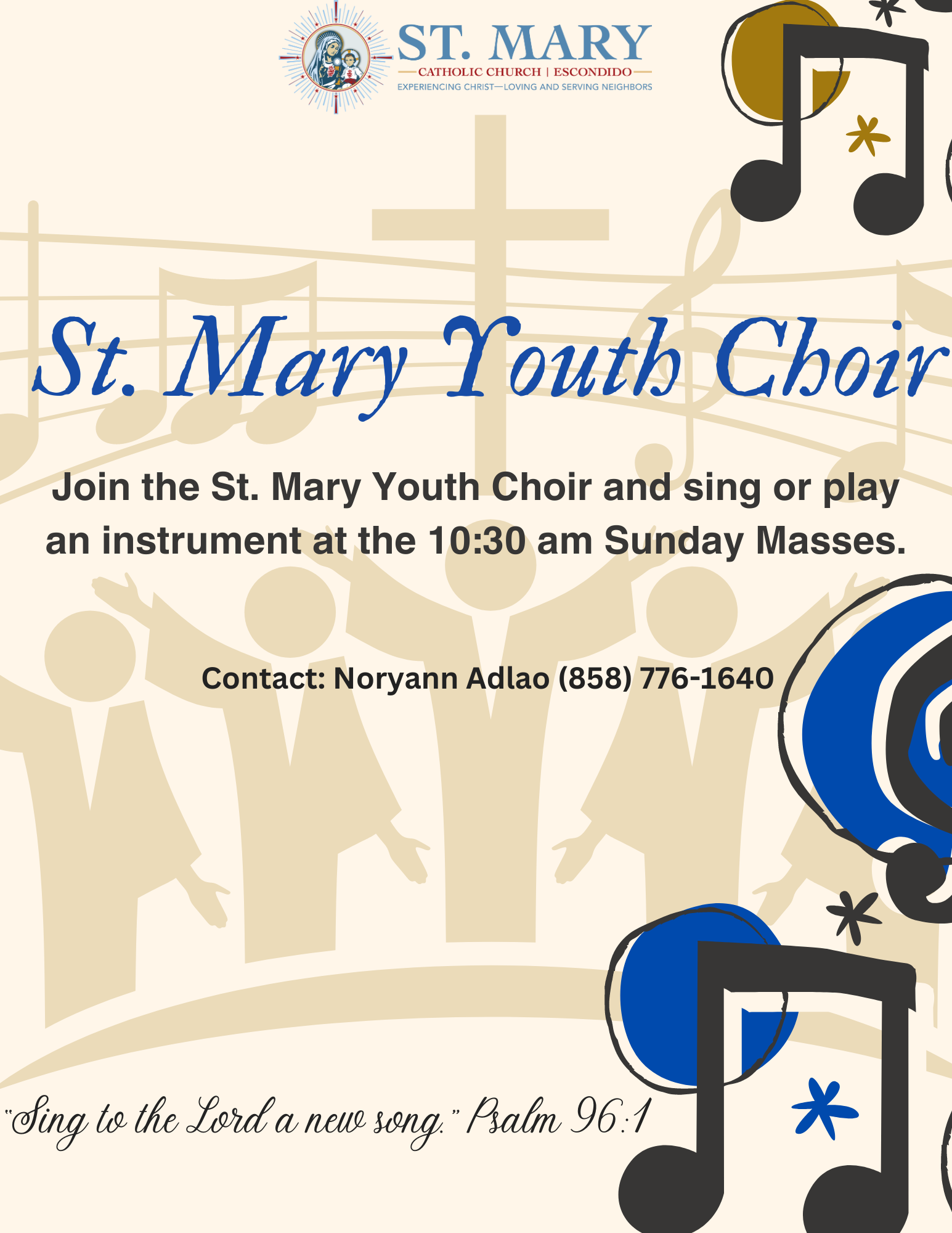 St. Mary Youth Choir flyer with gold cross, music notes, and Sunday Mass invitation in blue text